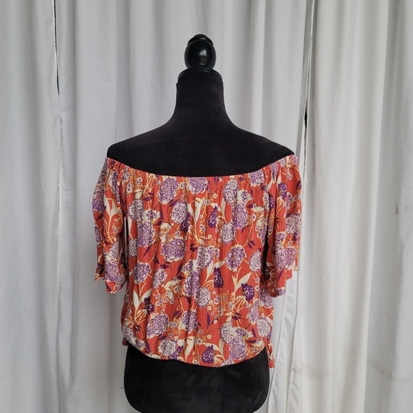 Women's Miss Me Beige Floral Boho Relaxed Cropped Top Open Shoulder Viscose XS - Picture 3 of 12